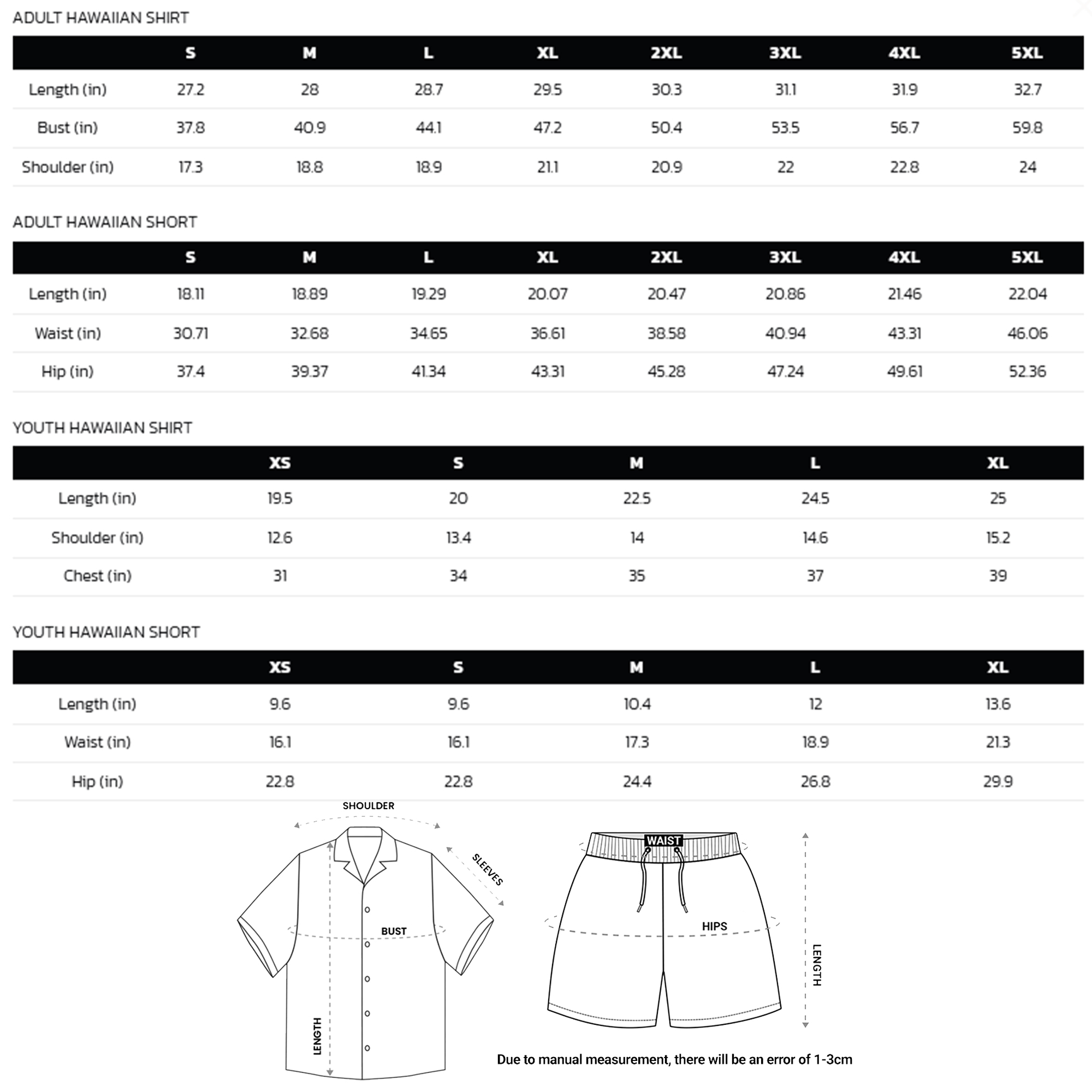 Hawaiian shirt and shorts size chart